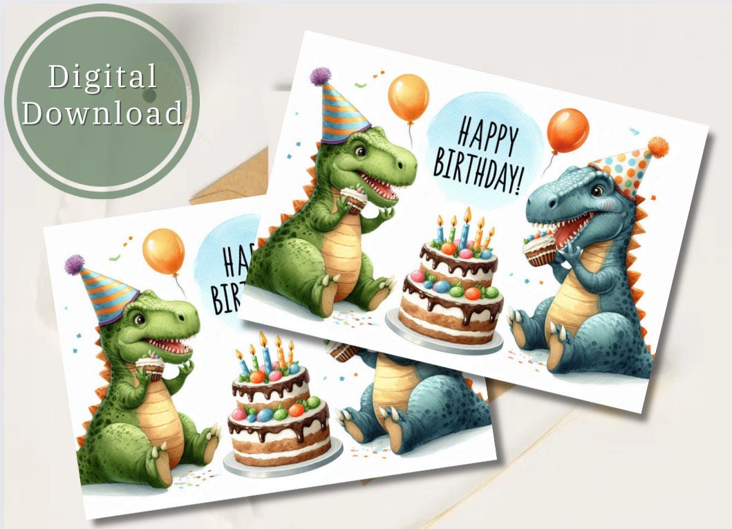 Dinosaur Birthday Card Printable Digital Download Greeting Gift for ...