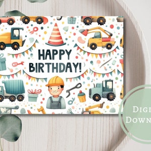 Cartão de aniversário de construção para impressão digital para download, presente de saudação para crianças