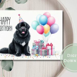 Carte d'anniversaire de chiot de Terre-Neuve, cadeau de voeux imprimable en téléchargement numérique pour les amoureux des chiens