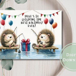 Carte d'anniversaire de pêche drôle, mignon cadeau de voeux imprimable en téléchargement numérique pour lui et les amoureux des animaux