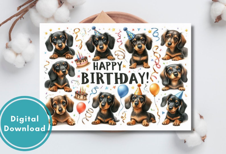 Cute Dachshund Birthday Card Puppy Printable Digital Download Greeting ...
