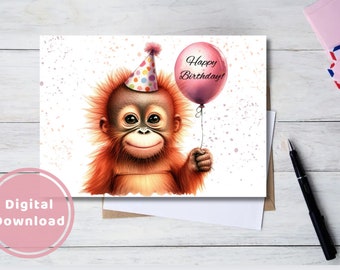 Cheerful Orangutang Birthday Card Printable Digital Download Monkey Greeting Gift for Animal Lovers