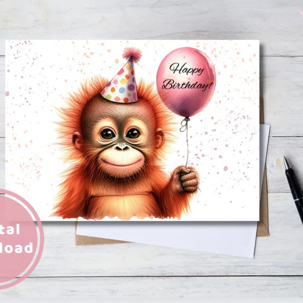 Cheerful Orangutang Birthday Card Printable Digital Download Monkey Greeting Gift for Animal Lovers