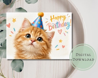 May include: A rectangular greeting card featuring a fluffy ginger kitten wearing a blue party hat with colorful polka dots. The text Happy Birthday is written in a multi-colored script font, surrounded by small hand-drawn hearts, stars, and confetti.