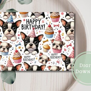 Boston Terrier puppy verjaardagskaart afdrukbare digitale download wenskaart voor hondenliefhebbers