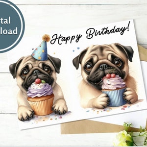 Cartão de aniversário de pug para impressão e download digital para amantes de cães