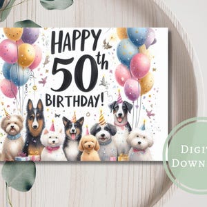 Cartão de aniversário de 50 anos, cachorro fofo, impressão digital, download, presente de saudação para cinquenta anos