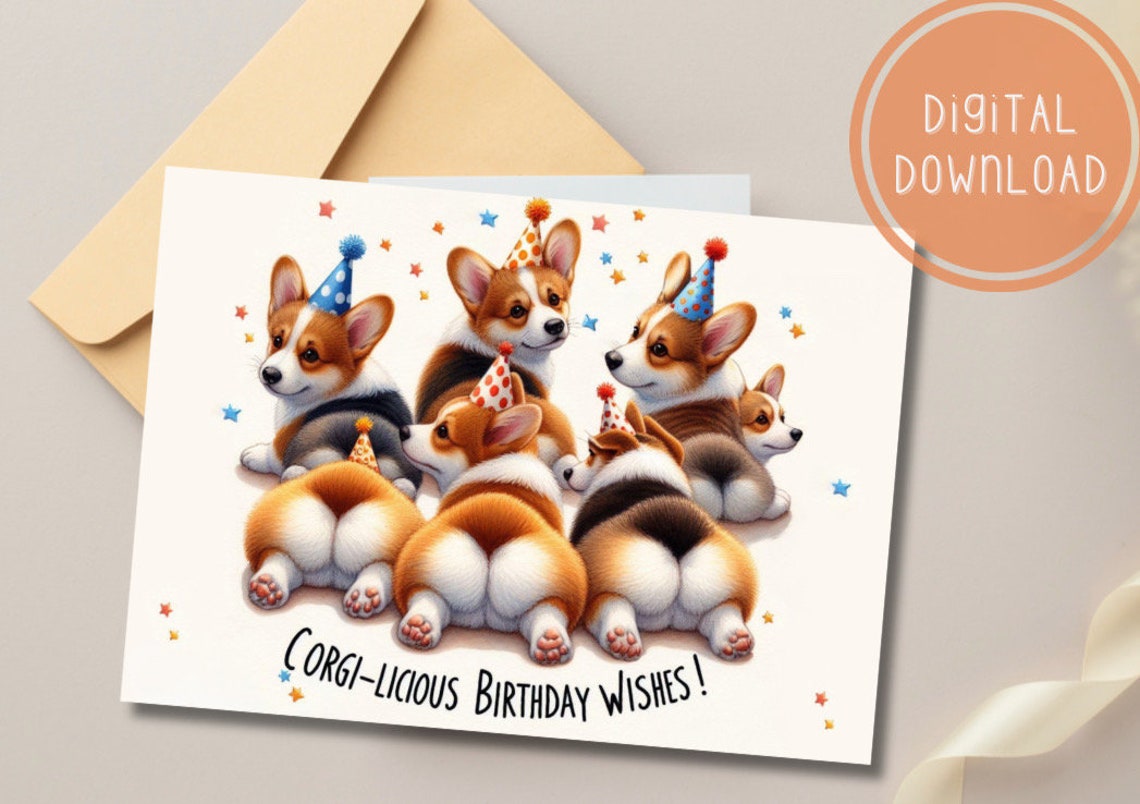 Cute Corgi Birthday Card Printable Digital Download Greeting Gift for ...