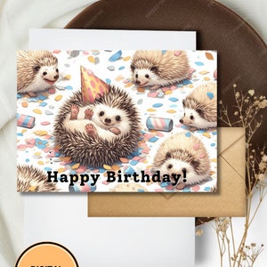 Cartão de aniversário de ouriço para impressão digital para download, saudação, presente fofo para ela / para amantes de animais