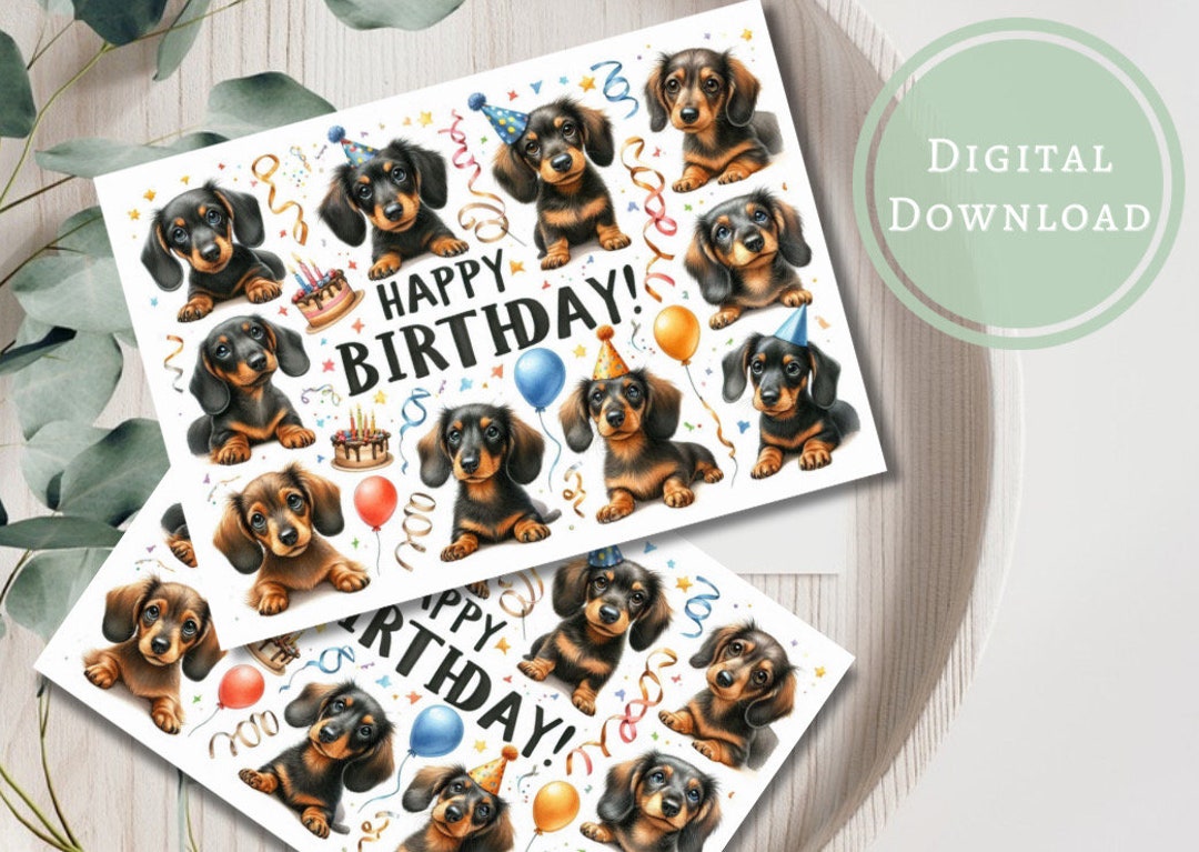 Cute Dachshund Birthday Card Puppy Printable Digital Download Greeting ...