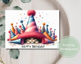 Kitten Birthday Card, Funny Cat Party (Digital Download
