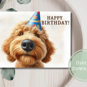 Grappige gouden doodle verjaardagskaart afdrukbare digitale download wenskaart voor hondenliefhebbers