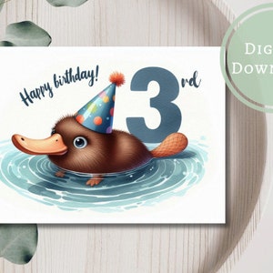 Cute 3rd Birthday Card Printable Platypus Greeting Gift for Animal Lovers
