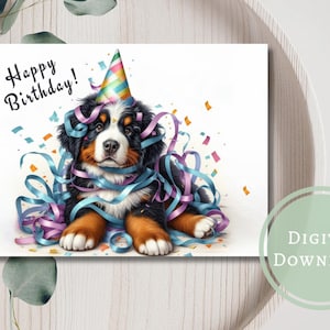 Niedliche Berner Sennenhund Geburtstagskarte Printable Digital Download Grußgeschenk für Hundeliebhaber