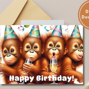 Funny Monkey Birthday Card Printable Digital Download Greeting Gift for Animal Lovers
