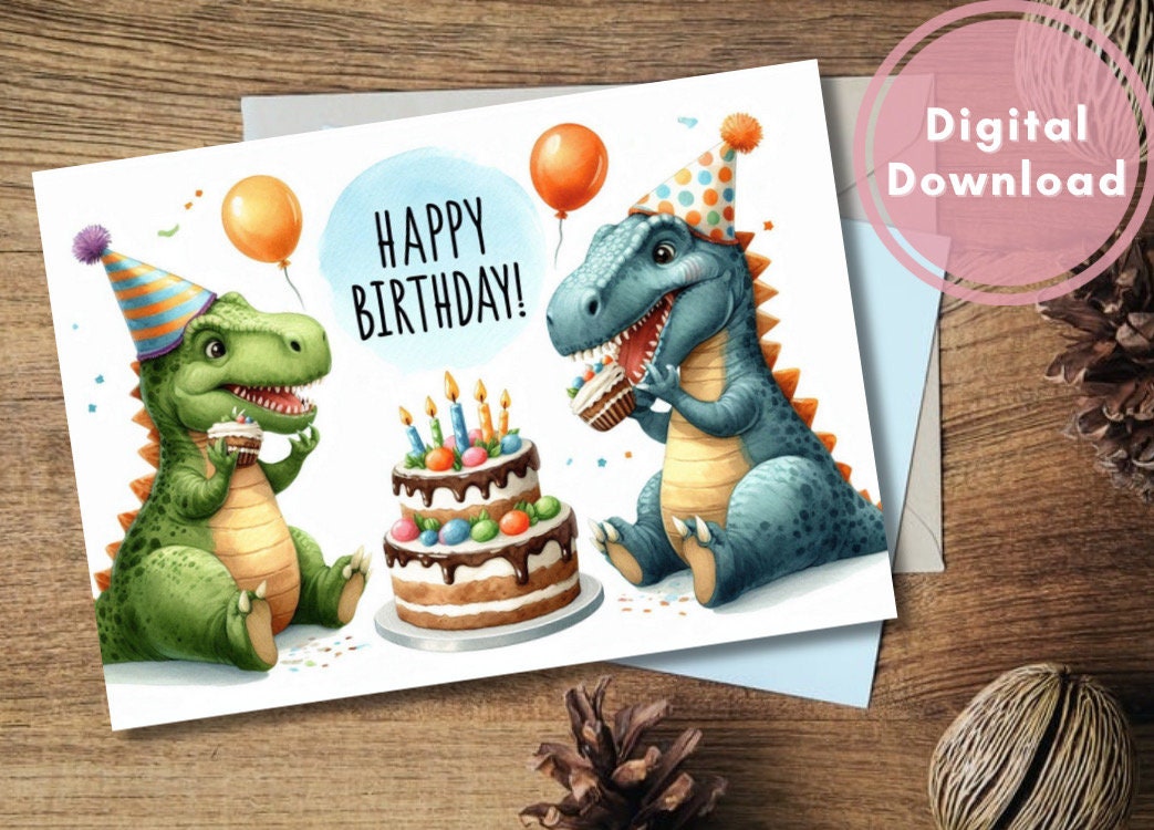 Dinosaur Birthday Card Printable Digital Download Greeting Gift for ...