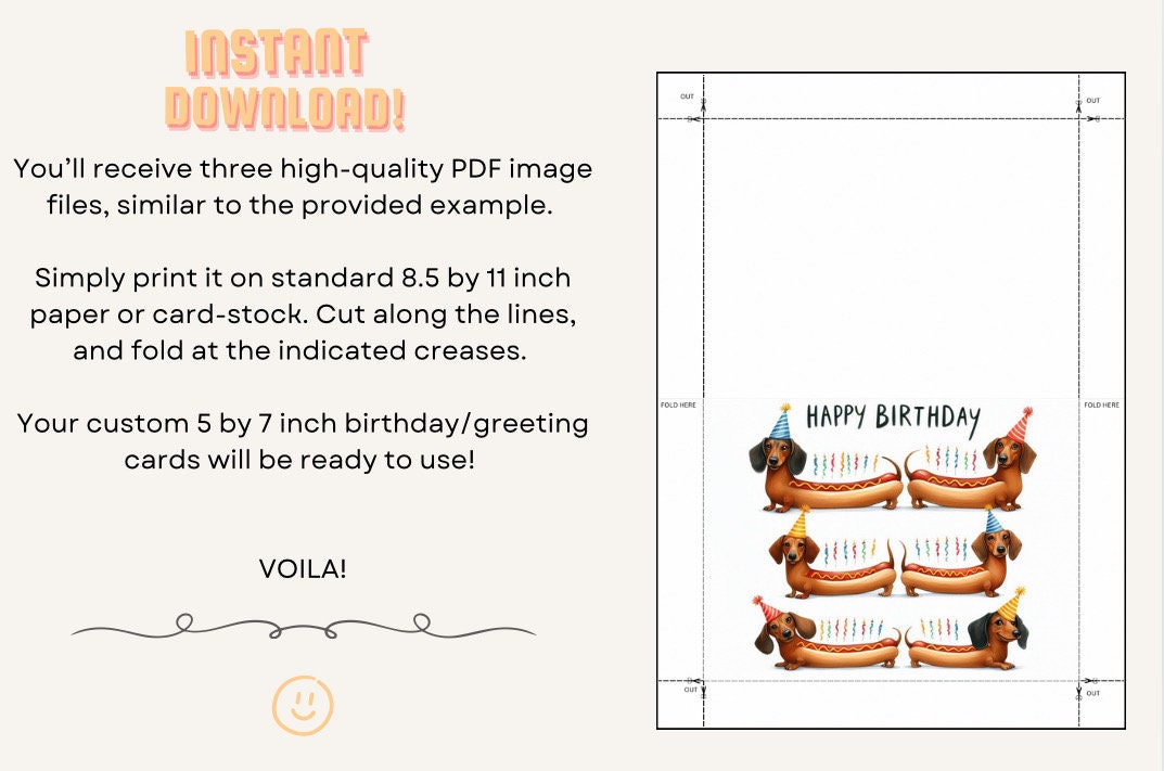 Dachshund Birthday Card Hotdog Printable Digital Download Greeting Gift ...