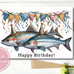 Carte d'anniversaire truite colorée poisson imprimable en téléchargement numérique, cadeau de voeux pour lui