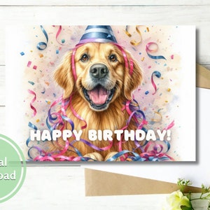 Golden Retriever Birthday Card Printable Puppy Digital Download Greetings Gift for Dog Lovers
