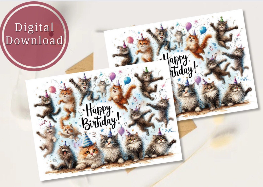 Crazy Cat Birthday Card Funny Digital Download Greeting Card Printable ...