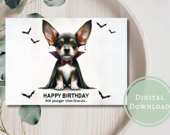 Halloween verjaardagskaart voor puppy's, printbaar en digitaal te downloaden. Een leuk cadeau voor hondenliefhebbers.