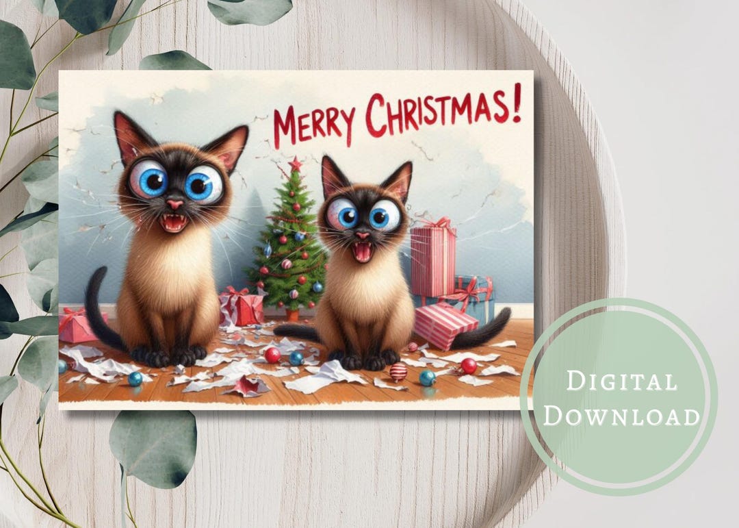 Funny Cat Christmas Card Printable Digital Download Holiday Greeting ...
