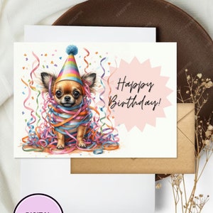 Tarjeta de cumpleaños de chihuahua, linda tarjeta imprimible digital de felicitación para amantes de los perros.