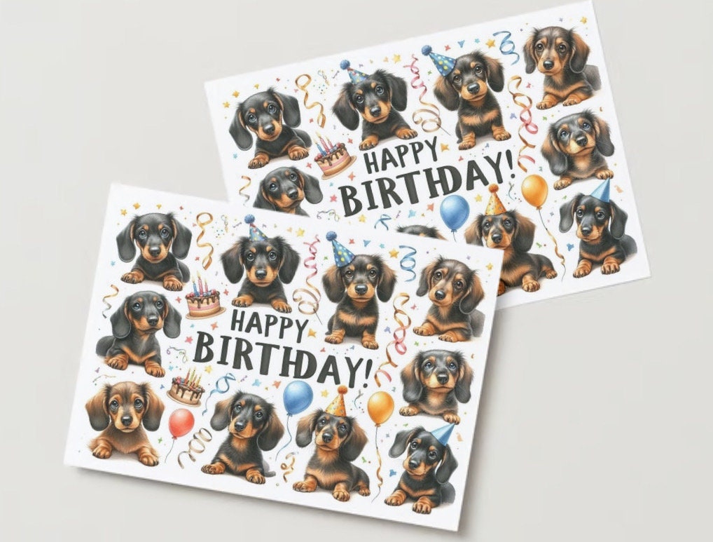 Cute Dachshund Birthday Card Puppy Printable Digital Download Greeting ...