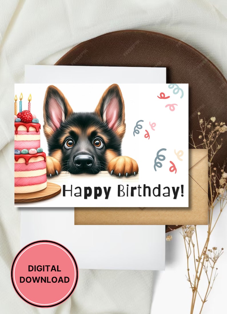 Cute German Shepherd Birthday Card Printable Puppy Greeting Gift for Dog Lovers zdjęcie 1