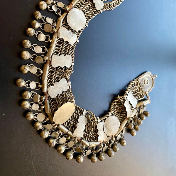 Traditional Palestinian Bedouin Fellahin Silver Chain Link Headdress and Talisman Bells. Circa 18th Century