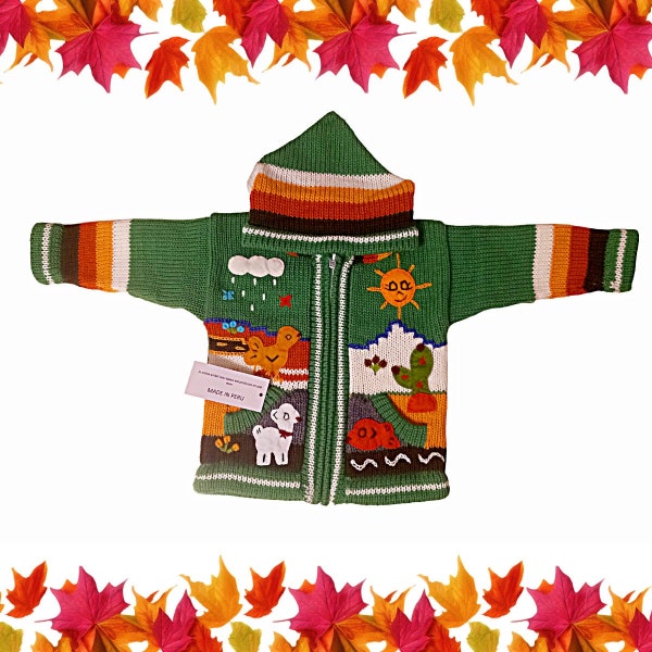 Pulls du Pérou pour fille et garçon vert d'eau, pull péruvien enfant, cardigans péruviens pour enfants, strickjacke péruvienne kinder, veste en tricot à capuche