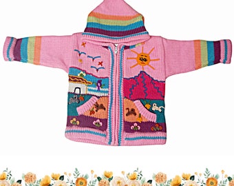 Light pink girl sweaters from peru, peruvian sweater child, Peruvian children's cardigans, strickjacke Peru kinder, knit hoodie jacket