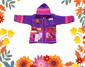 Maglioni viola per ragazza e ragazzo dal Perù, maglione peruviano, cardigan per bambini peruviani, maglioni peruviani in vendita
