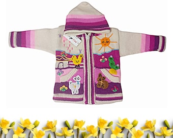 Maglioni lavorati a maglia per bambina e ragazzo rosa crema dal Perù, maglione peruviano taglia 0, 2, 4, 6 cardigan per bambini peruviani, giacca pullover con cappuccio