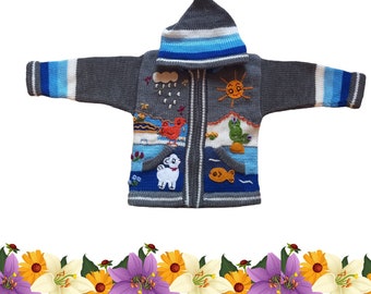 Pulls gris pour enfants du Pérou, pull péruvien tailles 2, 4, 6 Cardigans péruviens pour enfants, strickjacke Pérou kinder