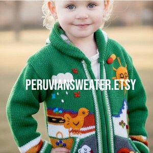 Handknit Peruvian Child's Hooded Sweater, Sea Green Zip-Up Cardigan