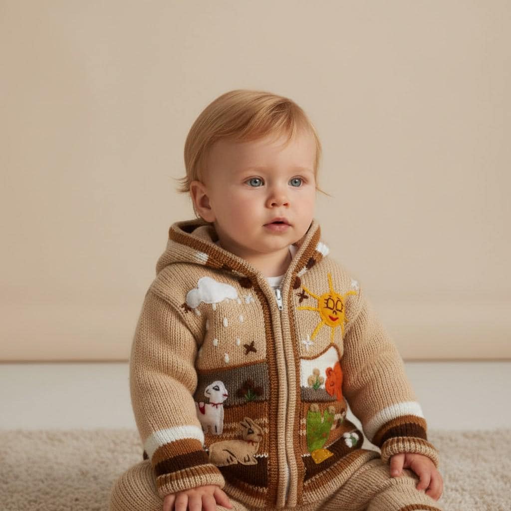 Hand-Knitted Baby Jacket, Peruvian Arpillería Wool Sweater, Andean Scenes, Hooded Zipper Closure