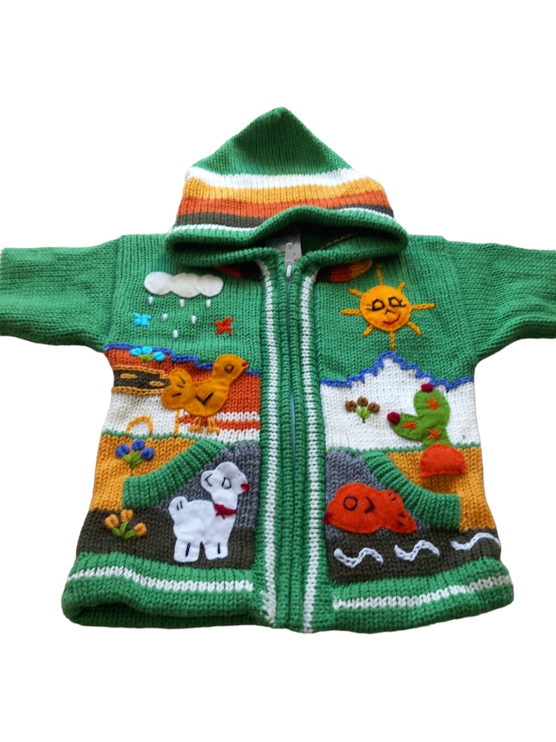 Sea green girl and boy sweaters from peru, peruvian sweater child, Peruvian children's cardigans, strickjacke Peru kinder, knit hoded jacket image 4