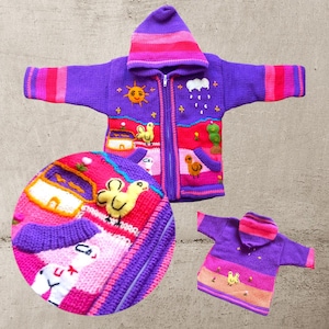 Purple girl and boy knit sweaters from Peru, Peruvian sweater child, Peruvian children&#39;s cardigans, Peruvian sweaters for sale