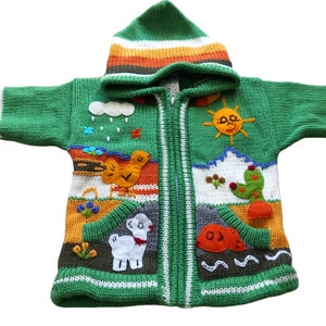 Sea green girl and boy sweaters from peru, peruvian sweater child, Peruvian children's cardigans, strickjacke Peru kinder, knit hoded jacket image 5