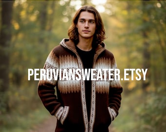 Brown Alpaca Wool Hoodie, Peruvian Sweater with Pockets