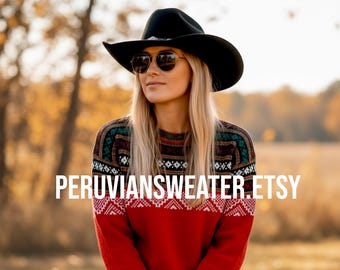 Red Alpaca Blend Peruvian Pullover, Geometric Knit Sweater