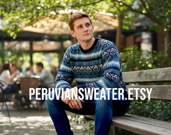 Fair Isle Alpaca Sweater, Peruvian Wool Pullover, Relaxed Fit (L)