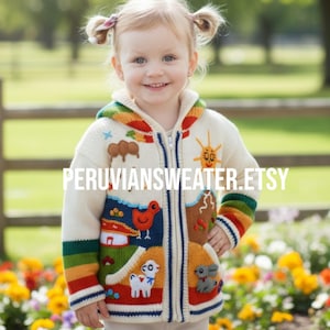 Cardigan péruvien pour enfants tricoté main, fermeture éclair brodée, laine acrylique crème