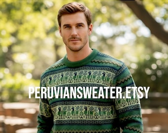 Jade Fair Isle Alpaca Sweater, Peruvian Wool Pullover, Relaxed Fit