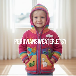 Hand-Knitted Peruvian Kids Hoodie Sweater: Deep Pink Acrylic Wool