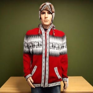 Red Peruvian zip up sweater adults, Peru alpaca hoodie, alpaca sweater women&#39;s, alpaca sweaters for men, sweaters Peru, XL (USA-12) (UK-14)