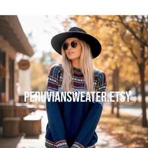 Blue Alpaca Sweater, Peruvian Pullover, Geometric Design
