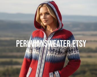 Peruvian Alpaca Wool Hooded Sweater, Fair Isle Zip Up