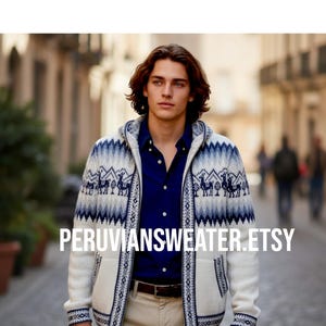 Navy Blue Peruvian Alpaca Zip Hoodie, Fair Isle Sweater (L)